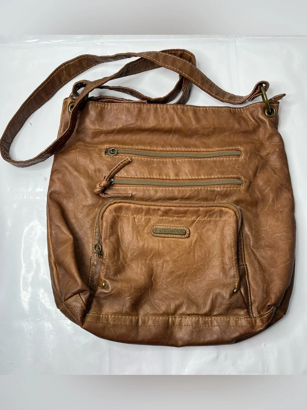 Stone & Co. Tan Leather Messenger Bag with Brass Accents
